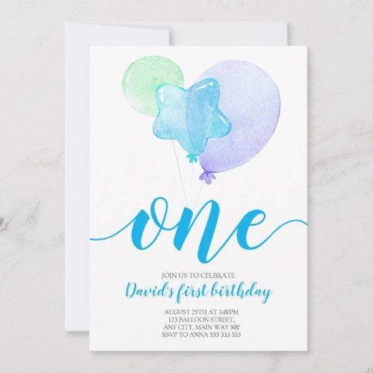 Blue Balloons Boy First Birthday One 1st Birthday Kaart (Voorkant)