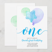 Blue Balloons Boy First Birthday One 1st Birthday Kaart (Voorkant / Achterkant)