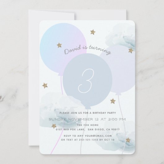 Blue Balloons & Clouds verjaardagsfeest uitnodigin Kaart (Voorkant)