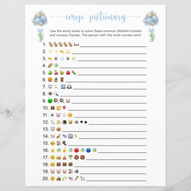 Blue Balloons Emoji Books Baby Shower Game (Voorkant)