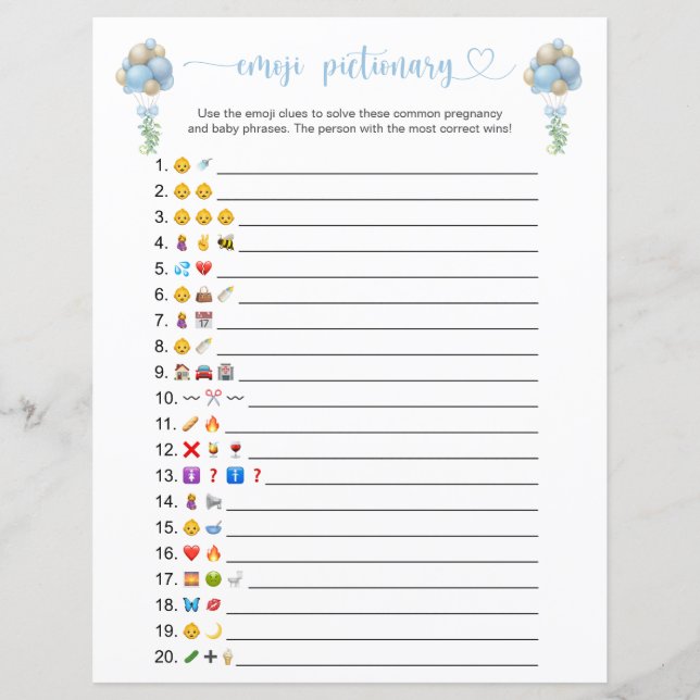 Blue Balloons Emoji Pictionary Baby shower spel (Voorkant)