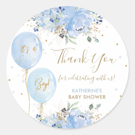 Blue Balloons Floral Baby shower Dank je wel Favor Ronde Sticker (Voorkant)
