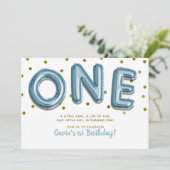 Blue Balloons Gold Confetti ONE 1st Birthday Party Kaart (Staand voorkant)