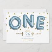 Blue Balloons Gold Confetti ONE 1st Birthday Party Kaart (Achterkant)