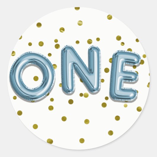 Blue Balloons Gold Confetti ONE 1st Birthday Party Ronde Sticker (Voorkant)