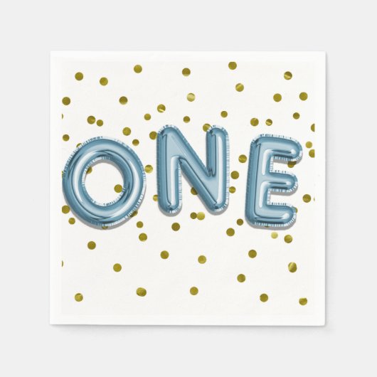 Blue Balloons Gold Confetti ONE 1st Birthday Party Servet (Voorkant)