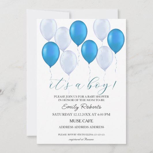 Blue Balloons Het is een jongensuitnodiging Baby s Kaart (Voorkant)