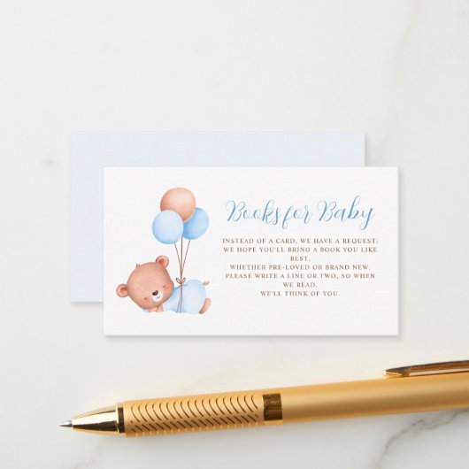 Blue Balloons Teddy Bear Baby shower Informatiekaartje (Voorkant / Achterkant in situ)