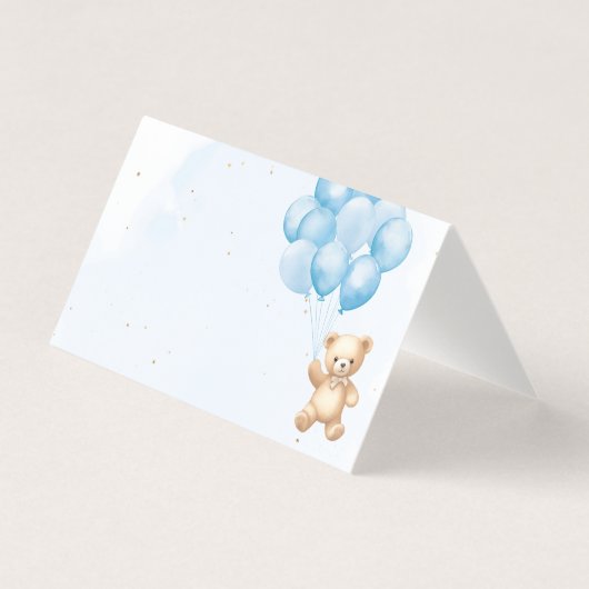 Blue balloons teddy bear baby shower place cards kaart (Voorkant)