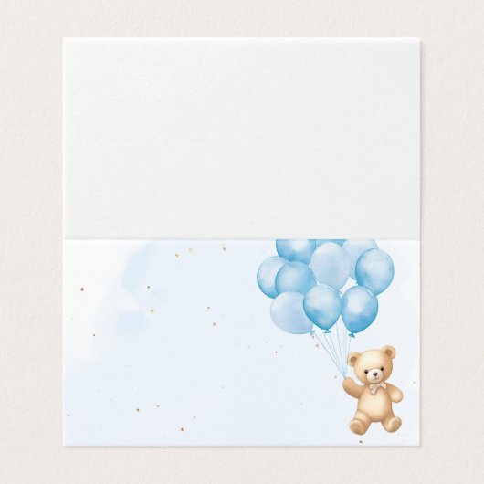 Blue balloons teddy bear baby shower place cards kaart (Buitenkant ongevouwen)