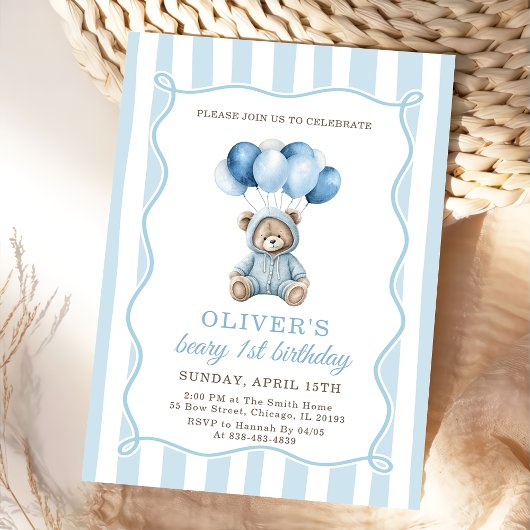 Blue Balloons Teddy Bear Birthday Invitation  Kaart