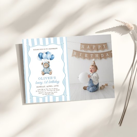 Blue Balloons Teddy Bear Birthday Invitation  Kaart