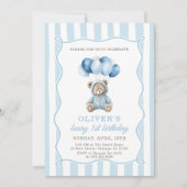 Blue Balloons Teddy Bear Birthday Invitation  Kaart (Voorkant)