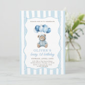 Blue Balloons Teddy Bear Birthday Invitation  Kaart (Staand voorkant)