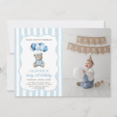 Blue Balloons Teddy Bear Birthday Invitation  Kaart (Voorkant)