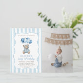 Blue Balloons Teddy Bear Birthday Invitation  Kaart (Staand voorkant)