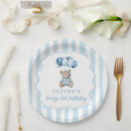 Blue Balloons Teddy Bear Birthday Paper Plate Papieren Bordje