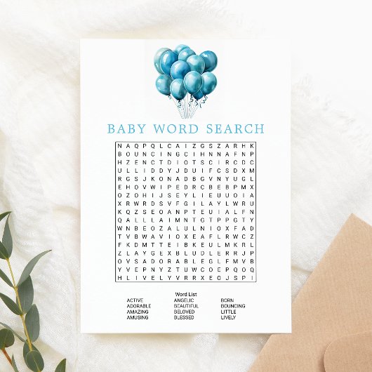 Blue Balloons Waterverf Baby shower Woord Zoeken Kaart