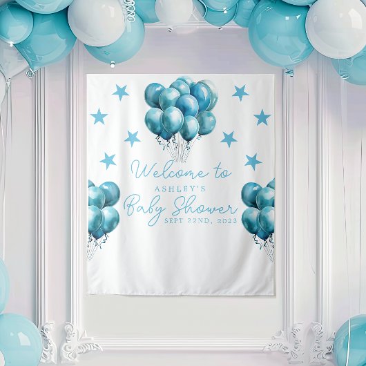 Blue Balloons Waterverf Boy Baby shower Achtergron Wandkleed