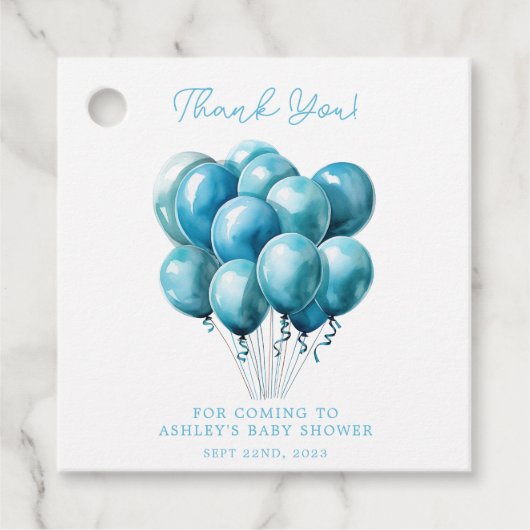 Blue Balloons Waterverf Boy Baby shower Bedankjes Labels (Voorkant)