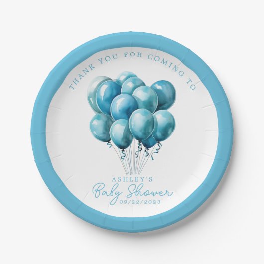Blue Balloons Waterverf Boy Baby shower Papieren Bordje (Voorkant)