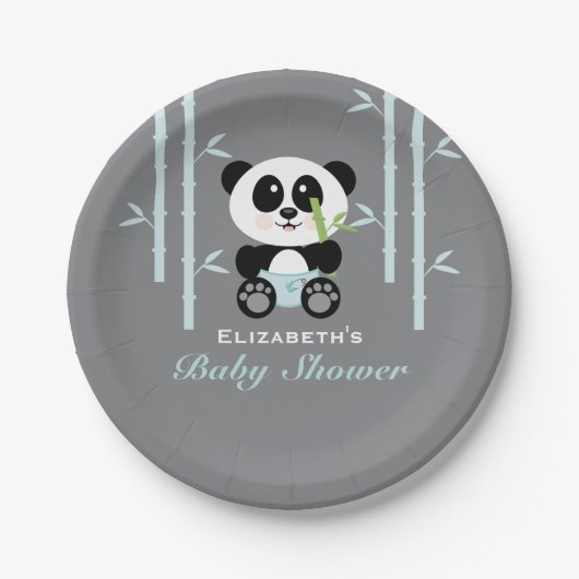 Blue Bamboo Panda Baby shower Papieren Bordje (Voorkant)