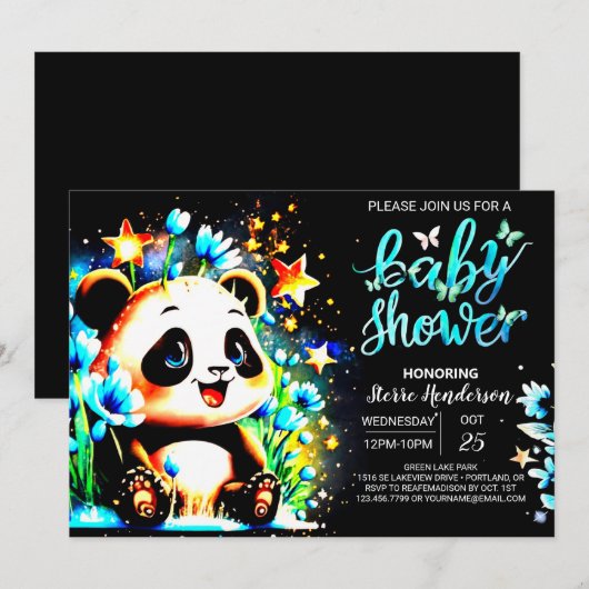 Blue Bamboo Panda Wonderland Boy Baby shower Kaart (Voorkant / Achterkant)