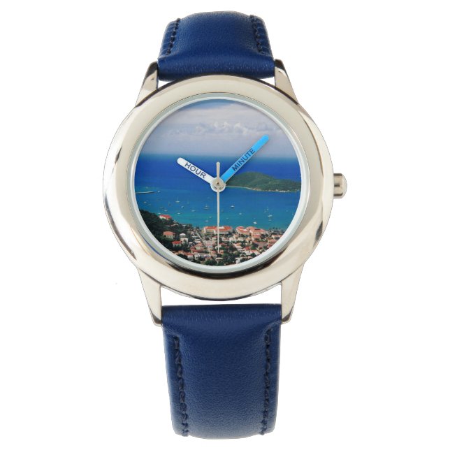 Blue-banded Watch met Island Scene Horloge (Voorkant)
