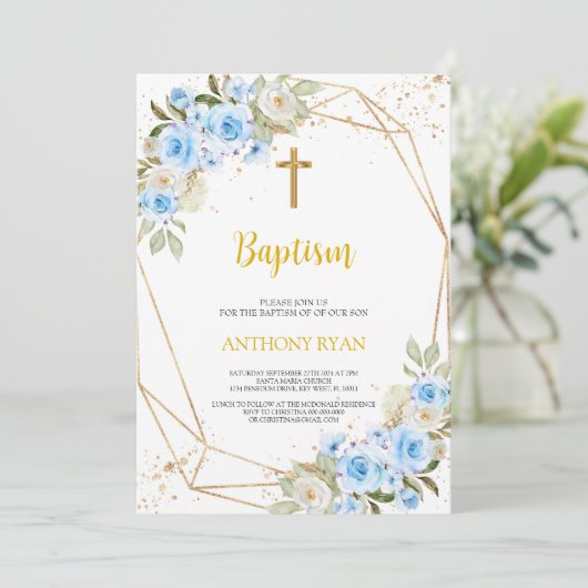 Blue Baptism Boy Uitnodiging (Staand voorkant)