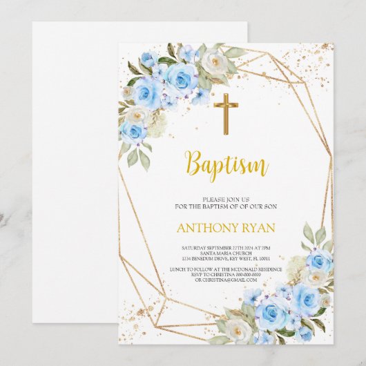 Blue Baptism Boy Uitnodiging (Voorkant / Achterkant)