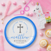 Blue Baptism Christening Naming Cross Papieren Bordje (Feest)