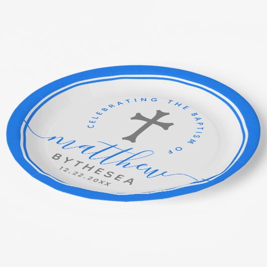 Blue Baptism Christening Naming Cross Papieren Bordje (Gekanteld)
