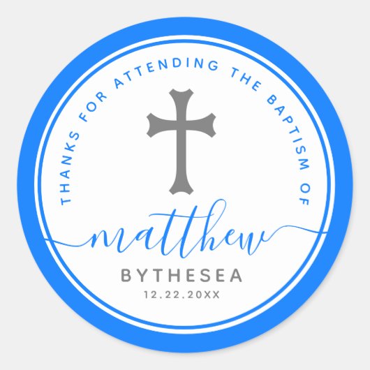 Blue Baptism Christening Naming Cross Ronde Sticker (Voorkant)