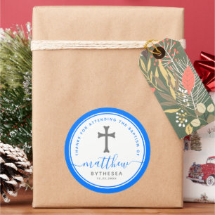 Blue Baptism Christening Naming Cross Ronde Sticker