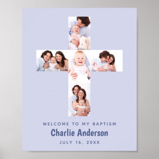 Blue Baptism Cross 5 Foto Collage Boy Christening Poster (Voorkant)