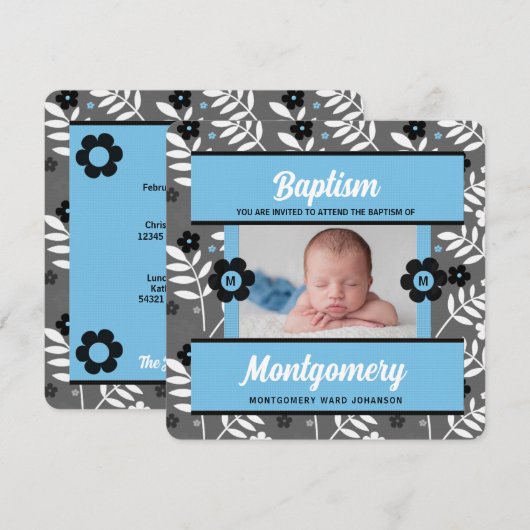 Blue Baptism for Baby Boy Monogram en Foto Kaart (Voorkant / Achterkant)