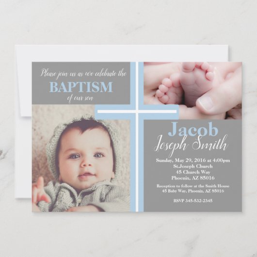 Blue Baptism Religious Grey Boy Baptize Cross Twin Kaart (Voorkant)