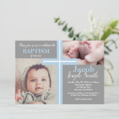 Blue Baptism Religious Grey Boy Baptize Cross Twin Kaart (Staand voorkant)