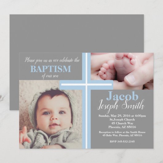 Blue Baptism Religious Grey Boy Baptize Cross Twin Kaart (Voorkant / Achterkant)
