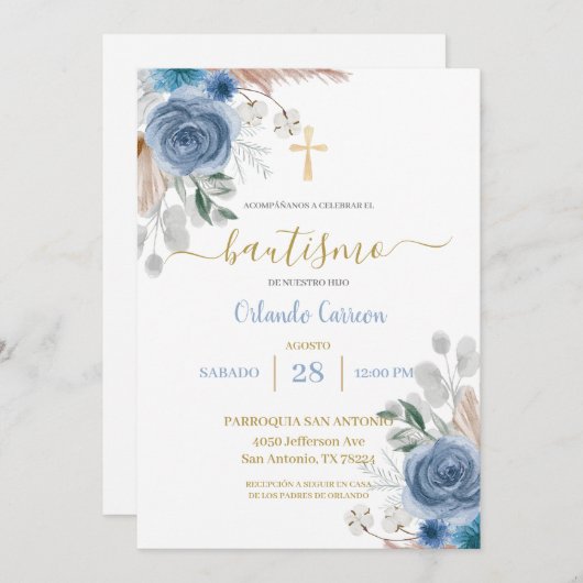 Blue Baptism Spaanse uitnodiging (Voorkant / Achterkant)