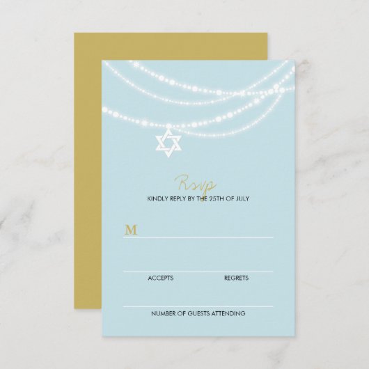 Blue Bar Mitzvah Sparkles Star van David RSVP Card (Voorkant / Achterkant)