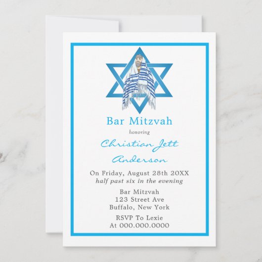Blue Bar Mitzvah Star van David Invitation Kaart (Voorkant)
