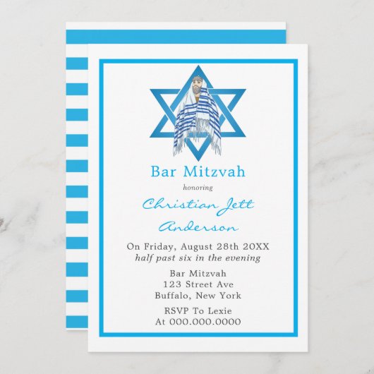 Blue Bar Mitzvah Star van David Invitation Kaart (Voorkant / Achterkant)