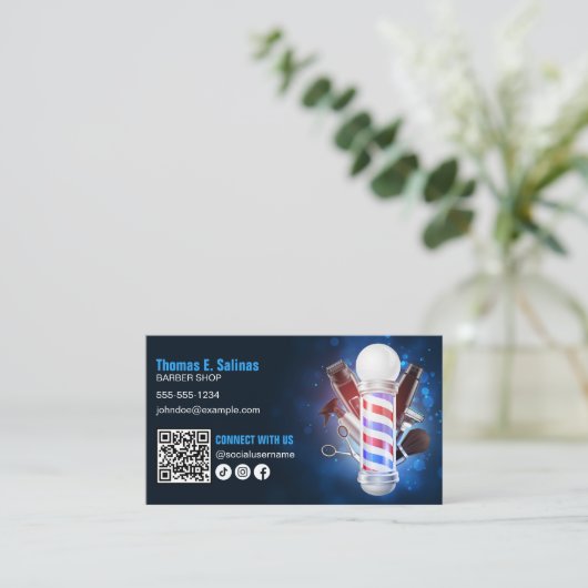 Blue Barber Shop Pole Verbind met ons QR Code Visitekaartje (Staand voorkant)