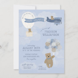 Blue Barly Wait Teddy Bear Baby shower Uitnodiging