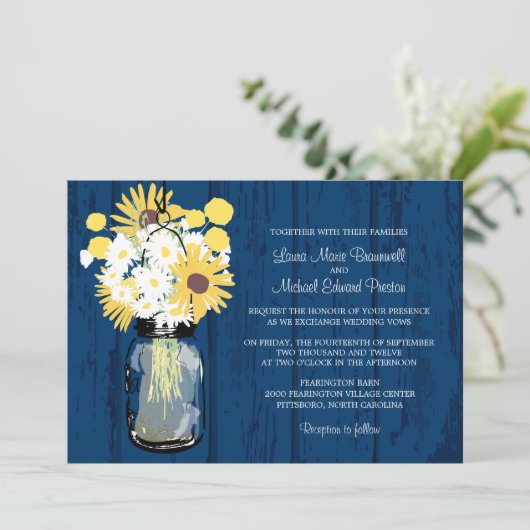 Blue Barn Mason Jar Daisies Zonnebloemen Bruiloft Kaart (Staand voorkant)
