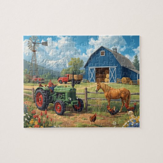 Blue Barn Tractor Horse Farm Mountain Scene Legpuzzel (Horizontaal)