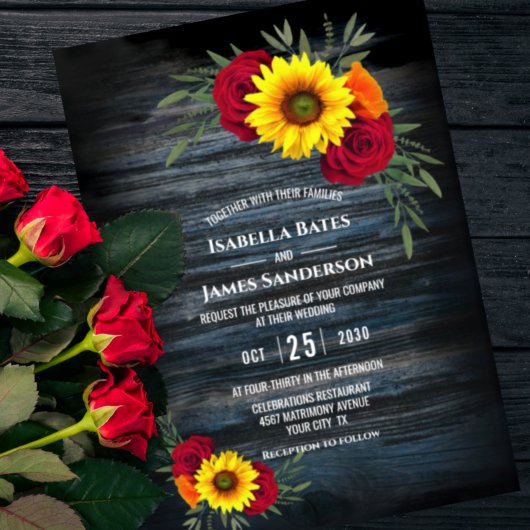 Blue Barn Wood Sunflower Burgundy Roos Wedding Kaart