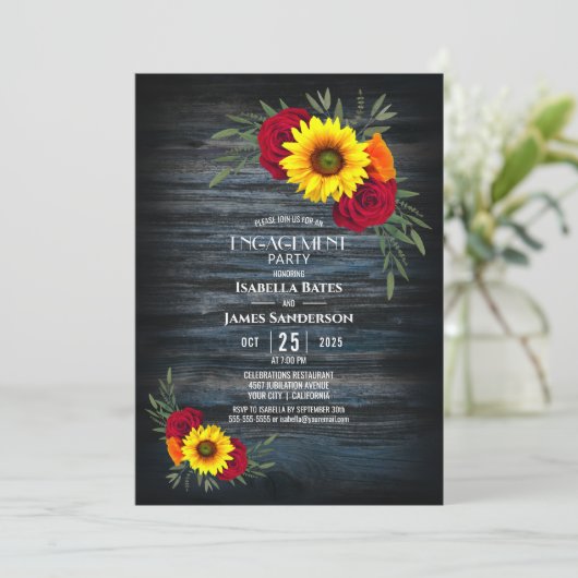 Blue Barn Wood Sunflower Roos Engagement Party Kaart (Staand voorkant)