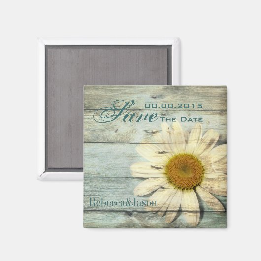 Blue Barnwood Country Daisy Bruiloft Save the Date Magneet (Voorkant / Achterkant)